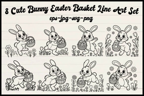 8 Cute Bunny Easter Basket Line Art Set: Graphics & Illustrations