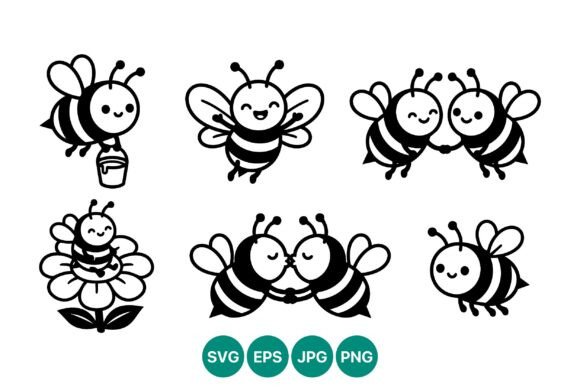 Bee Vector Line Art Trio: Graphics & Illustrations