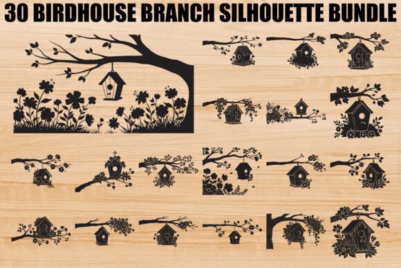 Birdhouse Branch Silhouette Bundle: Graphics & Illustrations
