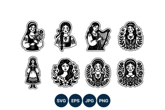 Black and White Folk Art Women Stickers: Graphics for Creative Design
