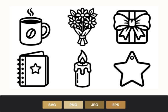 Black and White Line Art Icon Set Coffee