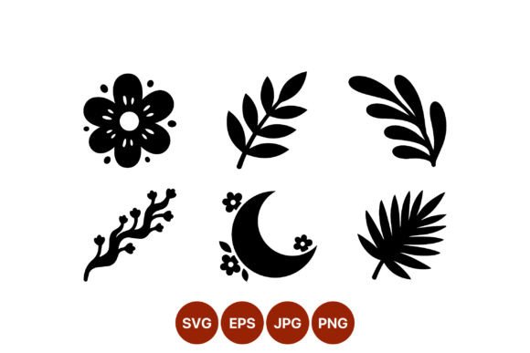 Black Flower and Leaf Silhouettes Vector Graphics