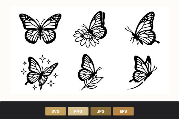 Butterfly Silhouette Black White Set Graphics