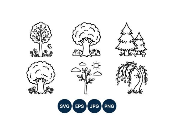 Cartoon Tree Line Art Black and White