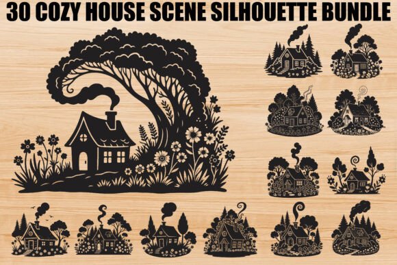 Cozy House Scene Silhouette Bundle: Graphics for Local Business Branding