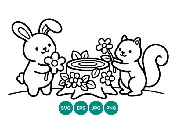 Cute Bunny and Squirrel Line Art