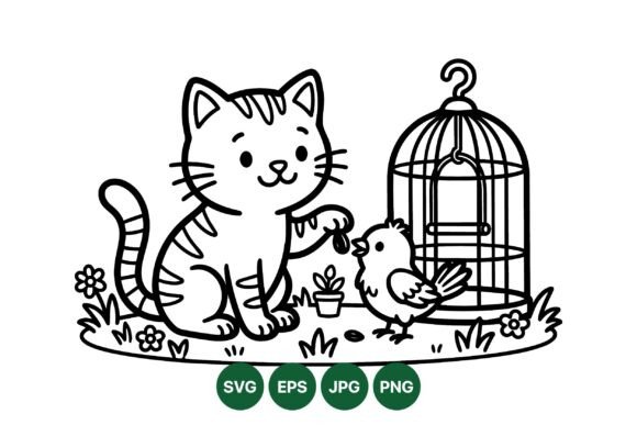 Cute Cat Feeding Bird SVG Graphics
