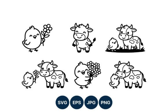 Cute Cow and Chick Flower Line Art