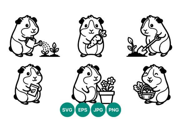 Cute Guinea Pig Gardening Line Art