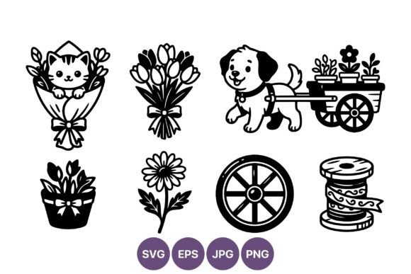 Cute Kitten and Dog Flower Garden Icons