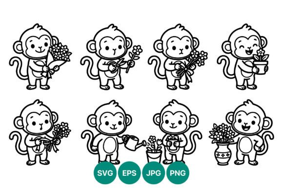 Cute Monkey Flower Line Art Graphics
