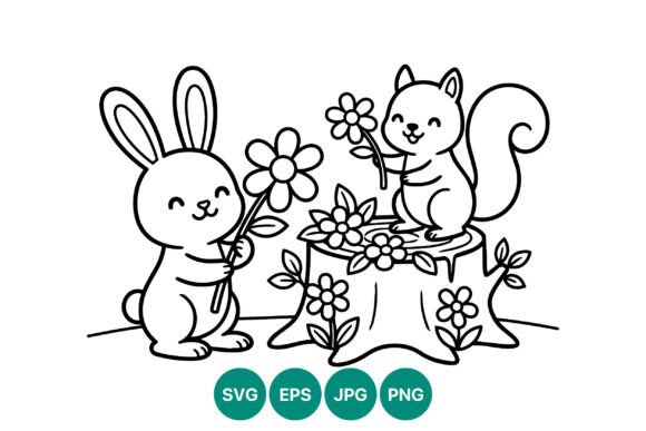 Cute Rabbit Squirrel Flower Vector Art
