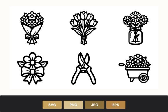 Flower Bouquet Jar Scissors Cart Vector: Graphics and Illustrations for Branding