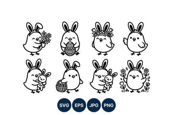 Happy Chicks with Bunny Ears Black White