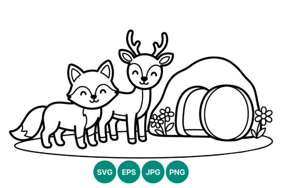 Happy Fox and Deer Line Art Graphics
