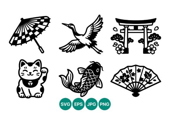 Japanese Cultural Icon Set Black White: Graphics and Illustrations for Creative Design