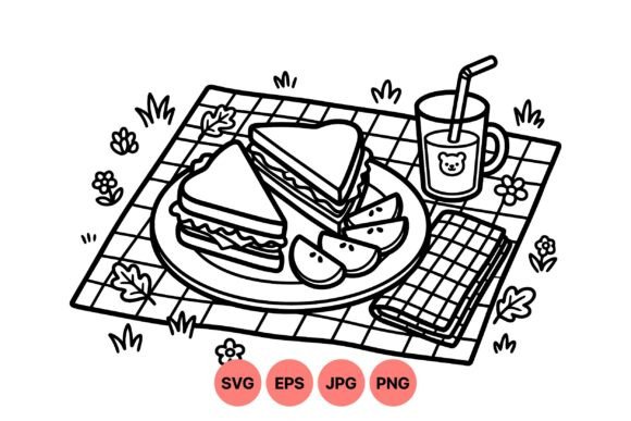 Picnic Lunch Black Line Art Graphics